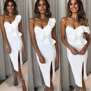 one shoulder ruffle  bandage dress